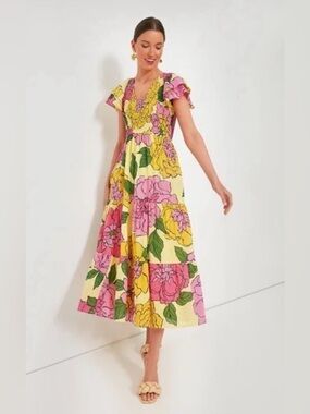 BANJANAN Smocked Ira Dress in Goodlife Sunshine Yellow Pink Floral